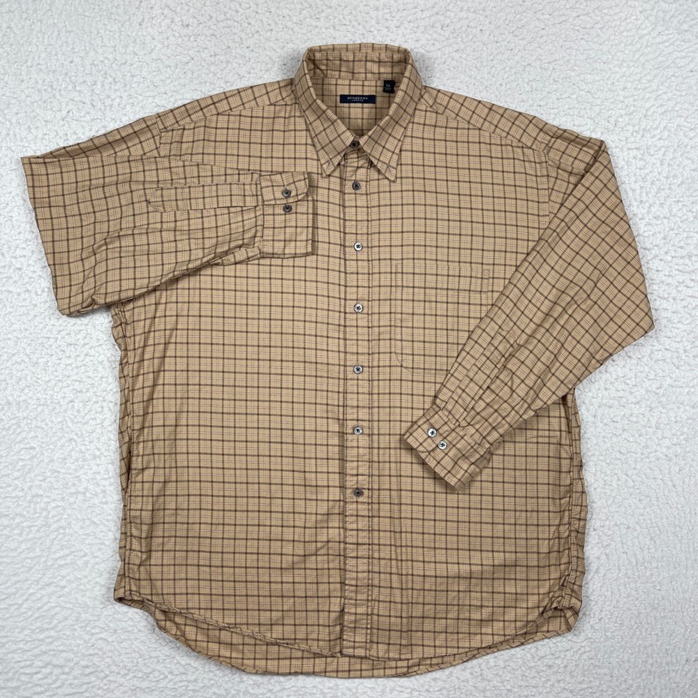 Burberry Button Down Shirt Mens XL Tan Check London Classic Preppy Luxury